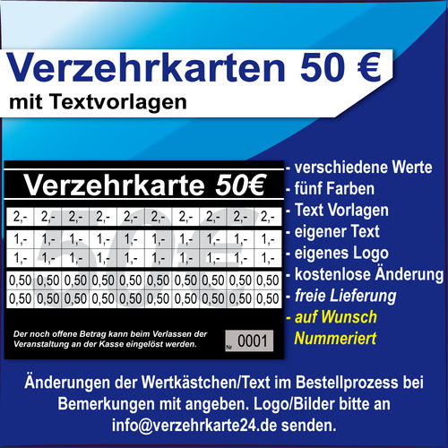 Verzehrkarten 50 EUR mit Textvorlagen
